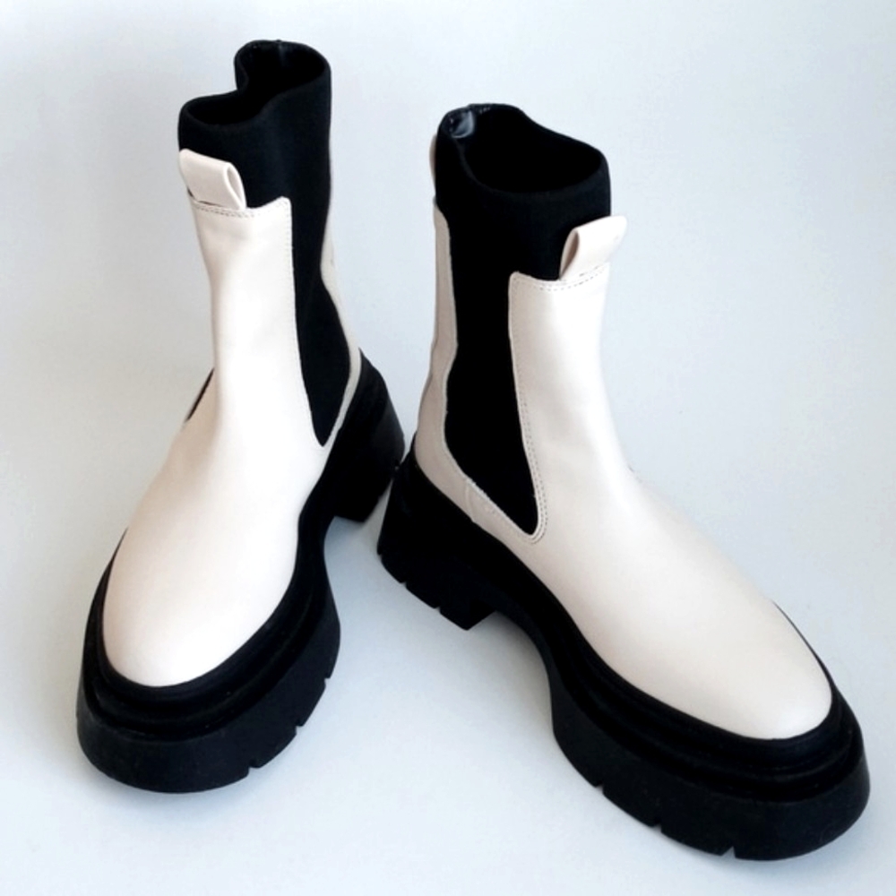 Mango Women's Cream with Black Ankle Sock Platform Boots 7.5 (38) ThickLug Soles - Picture 10 of 16